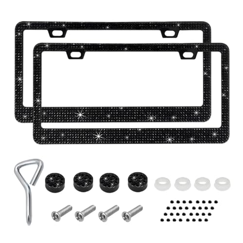 2 PCS Bling License Plate Frame, Stainless Steel Glitter Crystal Diamond License Plate Cover Holder, Sparkly Bedazzled Rhinestone Car Tag Covers for Women, Car Accessories (Black) - color: Black, size: 2PCS