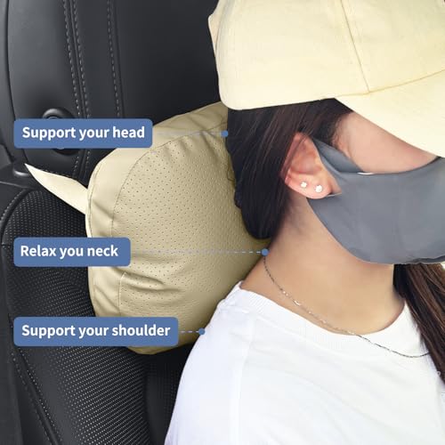 Car Neck Pillow, 2 Pack PU Leather Car Headrest Pillows with Adjustable Strips, Car Neck Support Ergonomic Du-Pont Bio Cotton Pillow, Head Rest Travel Pillow for Car (Beige, Soft Style) - color: Beige