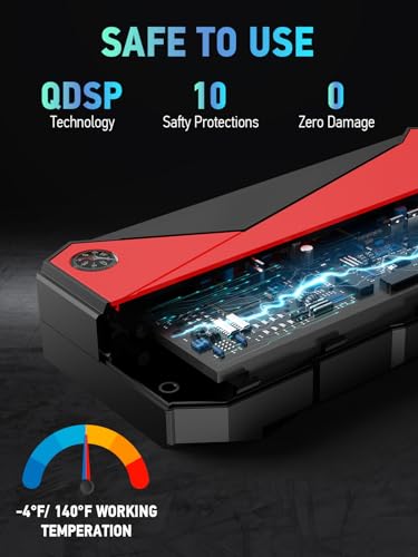 DBPOWER Peak 3000A 18000mAh Portable Car Jump Starter (up to 8.0L Gas, 6.0L Diesel Engine) Battery Booster with Smart Charging Port, Compass, LCD Screen and LED Light (Black/Red)