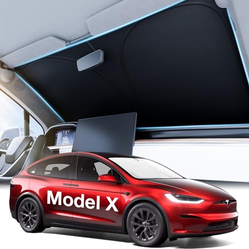 2026 Upgraded Accessories Tesla Model X Windshield Sunshade [Ice Shield Tech Fabric, 100% Sun Blockage], Foldable Heat Insulation Sunshade with Storage Bag, for Tesla Model X 2016~2026, Silver Coating - size: 4.Model X (2016-2026)