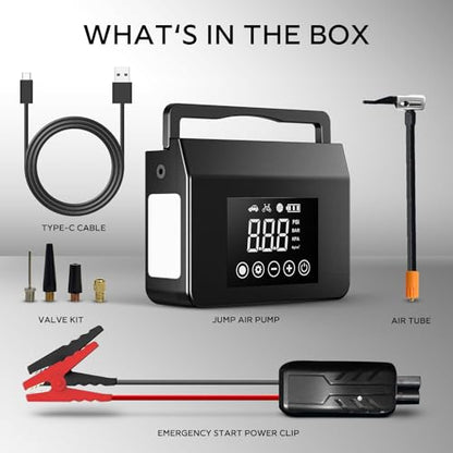 Hieha 4000A Jump Starter with Air Compressor, 12V Portable Car Battery Charger, 150PSI Tire Inflator, 15000mAh Power Bank, LED Flashlight for All Gas 8.0L & Diesel 7.0L Vehicles