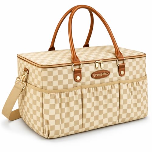 DOKUS & CO Luxe Diaper Caddy Organizer, Extra Large Collapsible Nursery Storage Tote for Baby Essentials & Travel - color: Beige Checkered