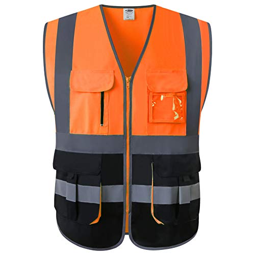 JKSafety 7 Pockets High Visibility Zipper Front Safety Vest With Reflective Strips.Meets ANSI/ISEA Standards (130-Orange-Black L) - color: Orange-black, size: Large