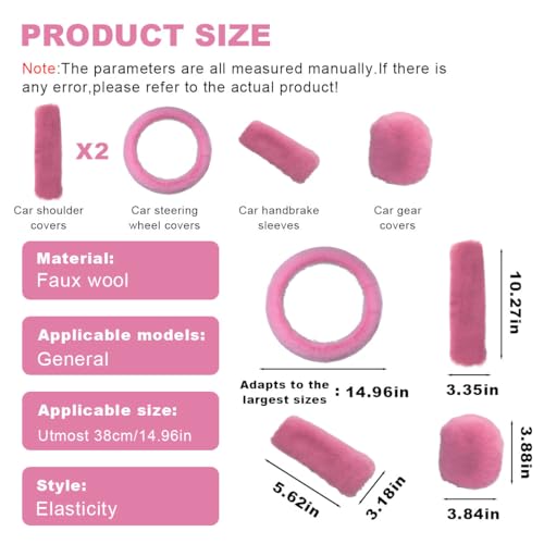5PCS Fluffy Car Steering Wheel Cover Set, Includes Faux Fur Gear Shift Cover & Handbrake Cover & Steering Wheel Protector & 2 Seat Belt Shoulder Pads, Winter Fuzzy Warm Car Accessories (Pink) - color: Pink