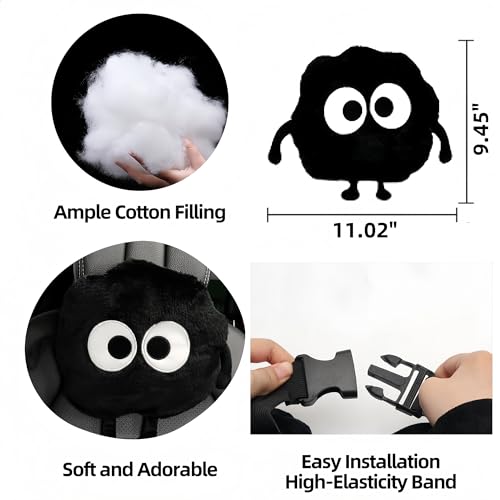 Car Headrest Pillow & Steering Wheel Cover Set with Cute Big-Eyed Furball Travel Neck Support Pillow Fur Car Interior Accessory (Black 3Pcs Set) - color: Black 3pcs Set