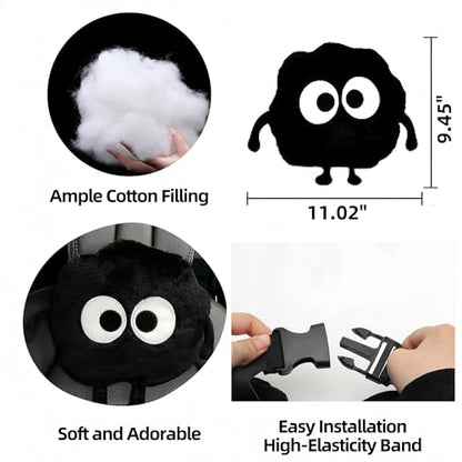 Car Headrest Pillow & Steering Wheel Cover Set with Cute Big-Eyed Furball Travel Neck Support Pillow Fur Car Interior Accessory (Black 3Pcs Set) - color: Black 3pcs Set
