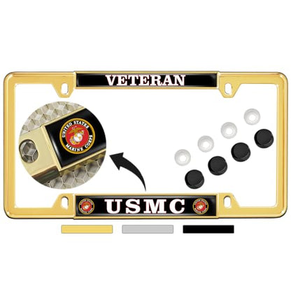[Officially Licensed US Marine Corps Product] - USMC Veteran - Domed Custom-Made Personalized Narrow (Thin) Top 4 Hole Metal Car License Plate Frame with Free caps - Gold Frame (Qty: 1) - color: Gold - Style 1