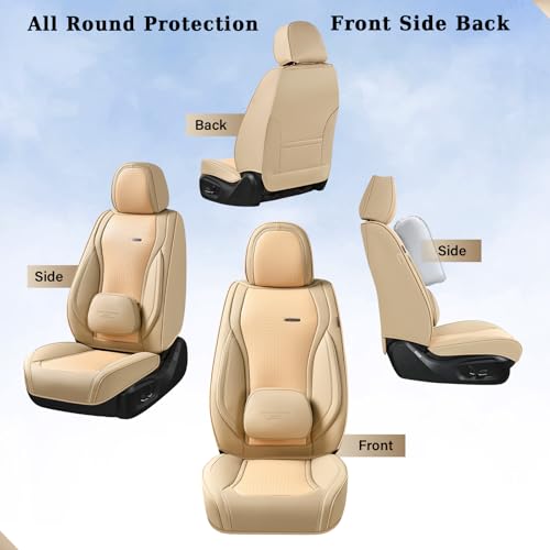Coverado Seat Covers, Car Seat Covers Front Seats, Waterproof Nappa Leather Auto Seat Cover with Lumbar Head Pillow, Beige Seat Covers Carseat Cover Universal Fit for Most Cars - color: Beige（Pillow）, size: Front