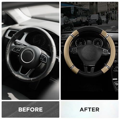 Road Comfort Leather Steering Wheel Cover – Premium Anti-Slip Car Steering Wheel Grip Cover – Universal Fit for 14.5”–15” Cars, Trucks & SUVs - Beige - color: Beige