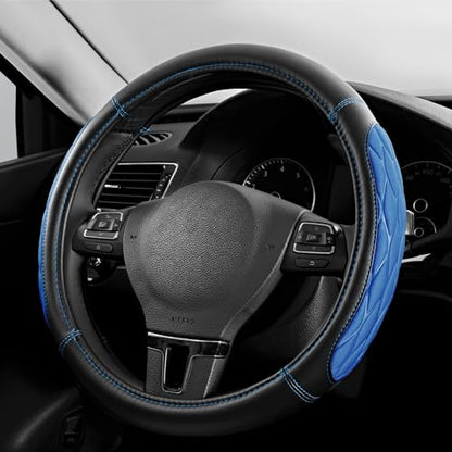 PIC AUTO Steering Wheel Cover, Blue Thick Rhombic Foam and Premium Leather, Universal 14.5-15.5 Inch Breathable Anti-Slip Steering Wheels Accessories for Men & Women - color: Blue