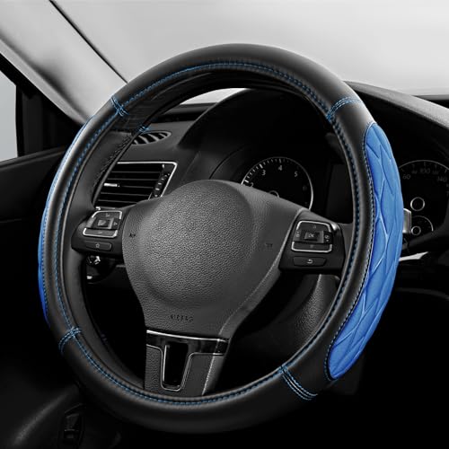 PIC AUTO Steering Wheel Cover, Blue Thick Rhombic Foam and Premium Leather, Universal 14.5-15.5 Inch Breathable Anti-Slip Steering Wheels Accessories for Men & Women - color: Blue