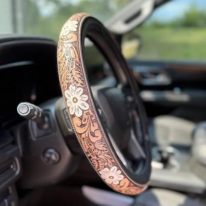 Western Cowboy Steering Wheel Cover Leather, Retro Car Tooled Leather Steering Wheel Cover, Embossed Hand-Painted Universal Anti-Slip - color: A Color