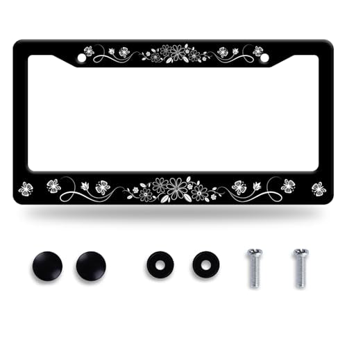 Black White Daisy Butterfly License Plate Frame Flowers License Plate Stainless Steel Funny License Plate Holder Floral Car Accessories With Screws Car Decoration 12.3"x6.3"Fits Standard Vehicles Size - color: Black White Beautiful Butterflies