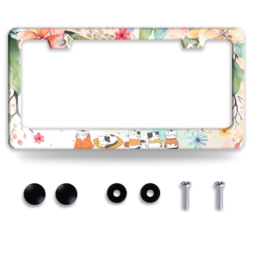 Cute Cats with Flowers License Plate Frame Floral Animals License Plate Funny Auto Accessory Bracket Stainless Steel License Plate Frames 6.3 x12.3 Inch for Women Men - color: Cat Colorful Flower