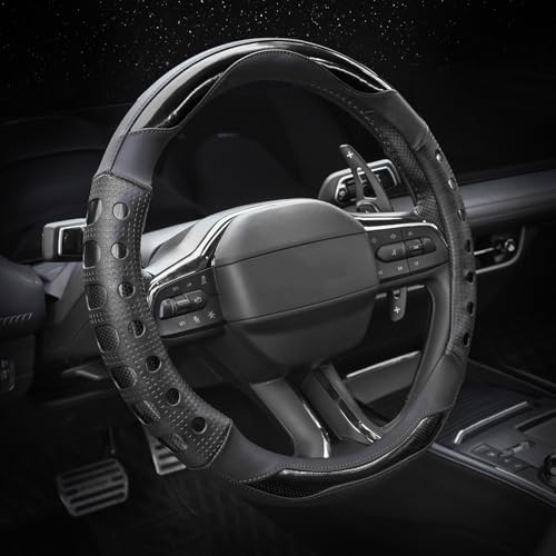 Valleycomfy PU Leather Steering Wheel Cover for Women and Men,Anti-Slip Finish Universal 14.5-15 Inch for Medium Size Auto Car,Black - color: Black