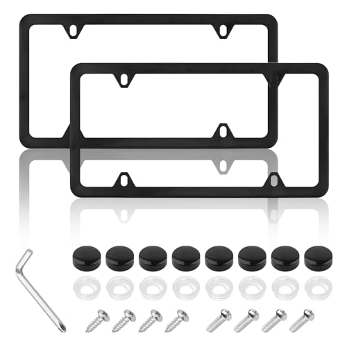 2PCS Colorful Car License Plate Frames with Gaskets Screws and Caps,Stainless Steel 4 Holes License Plate Holder Fits U.S. Standard,Universal Car Tag Frame Car Accessories (Black - color: Black