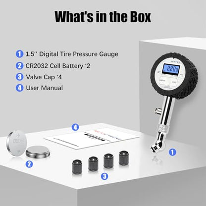 1.5'' Digital Tire Pressure Gauge, LED Display with 360° Swivel Chuck, High-Precision Air Pressure Gauge for Tires, 100 PSI for Trucks, RVs, Motorcycles, and Heavy-Duty Applications - size: 1.5" Digital LED - 100 PSI