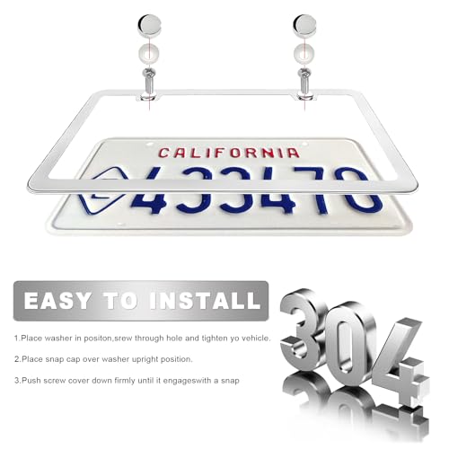 2PCS License Plate Frames, 2 Holes Rust-Proof Metal Car Tag Holder with Washers Screws Chrome Caps, Heavy Duty Stainless Steel Polished Frame for Front & Rear License Plates