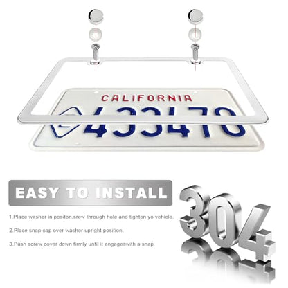 2PCS License Plate Frames, 2 Holes Rust-Proof Metal Car Tag Holder with Washers Screws Chrome Caps, Heavy Duty Stainless Steel Polished Frame for Front & Rear License Plates