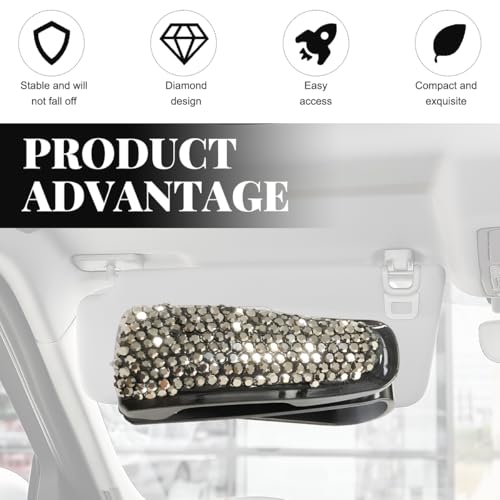 Wevdn 2 PCS Car Sun Visor Glasses Holder, Fashion Bling Car Eyeglasses Sunglasses Hanger for Women Girls, Glasses Holder Clip Hanger Mount with Ticket Card Clip, Car Accessories (Bright Black) - color: Bright Black