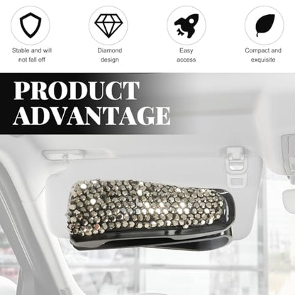 Wevdn 2 PCS Car Sun Visor Glasses Holder, Fashion Bling Car Eyeglasses Sunglasses Hanger for Women Girls, Glasses Holder Clip Hanger Mount with Ticket Card Clip, Car Accessories (Bright Black) - color: Bright Black