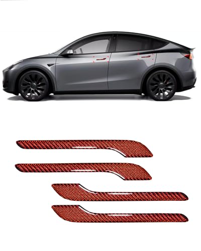 Carbon Fiber Door Handle Cover, Door Handle Protective Cover Decoration Compatible with Tesla Model Y/3 Accessories (2017-2025) Highland & Juniper Compatible (4 Pieces) (Red with drip) - style: Red with drip
