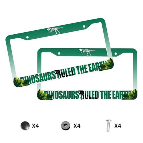 Dinosaur License Plate Frame Green Jurassic Dino Jungle T-Rex Personalise Stainless Steel Funny Design Compatible with Standard License Plate Holder for USA and Canada 6.3 x 12.2 in - color: Dinosaur, size: 6.3 X 12.2 In-1PC