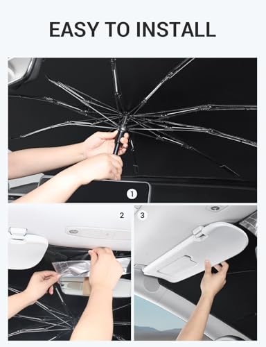 BASENOR 2017-2026 Tesla Model Y Model 3 Windshield Sunshade Umbrell [Nano Ice Crystal Particle] Front Window Shade, Coating 100% Heat Protection Retractable Sunshades - size: Model 3/Y Umbrella