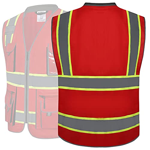 JKSafety 10 Pockets Hi-Vis Zipper Front Fluorescent Red Safety Vest | Cushioned Collar | High Reflective Tapes with Extended Neon Yellow Strips | Meets ANSI/ISEA Standards (Medium, 89-Red) - color: Redt1s1, size: Medium