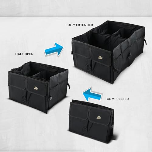 Armor All Trunk Organizer for SUV & Car, Extra-Large 9 Compartment Collapsable Lightweight Waterproof Car Organizer, 3 Compartments, 4 Mesh Pockets, 2 Pockets, 20.5” x 14.5” x 10”, Compression Buckles