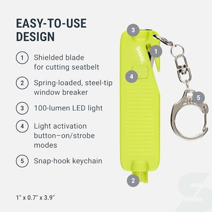 Sabre Safe Escape™ 3-in-1 Car Escape Tool for Car Safety with Spring-Loaded Window Breaker, No Swing Required, Seat Belt Cutter, LED Flashlight, Compact Auto Safety Tool for Emergencies - color: Neon Yellow