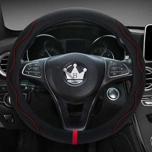 HighnessHwoo Luxury Suede Steering Wheel Cover for Cars, Soft Leather Padded Wheels Cover for Sedan, SUV, Thin Car Handle Cover, Universal Fit, Anti Slip, 14.75-15.15in, Black - color: Black, size: Standard Size[14.75-15.15"](37.5-38.5cm)