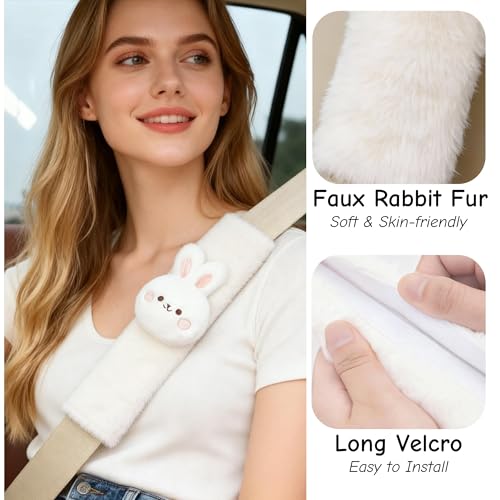 2 PCS Seat Belt Cover Pad, Cute Kawaii Animal Bunny Seatbelt Covers for Kids and Adults, Winter Plush Fluffy Soft Seat Belt Cover, Cartoon Seatbelt Cushion,Car Seat Strap Pads (F-Bunny) - color: F-Bunny