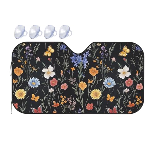 Windshield Sun Shade Vintage Botanical Flower Wildflower Car Front Window Sunshade Blocker UV Visor Retractable Automotive Sunshades for Vehicle SUV Truck Protector 55x30 inch - color: A0923, size: M:55x30 inch