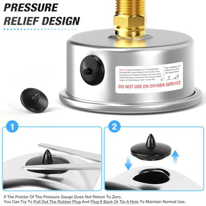 MEANLIN MEASURE 0~30Psi Stainless Steel 1/4" NPT 2.5" FACE DIAL Liquid Filled Pressure Gauge WOG Water Oil Air Center Back Mount, with 1/2" NPT and 3/8" NPT Hex Bushing - size: 0-30psi