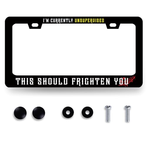 Funny License Plate Frame I'm Currently Unsupervised This Should Frighten You License Plate Holder Stainless Steel Car Accessory License Plate Decoration Size 12.2" x 6.2" with Screws - color: I'm Currently Unsupervised-1