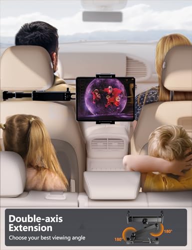 Car Headrest Tablet Holder, Lockable 3-in-1 Extension Arm Tablet Mount for Car Backseat, 360° Rotation, Fits iPad Pro Air Mini, Fire HD, 4.7-13" Tablets, Road Trip Essentials for Kids