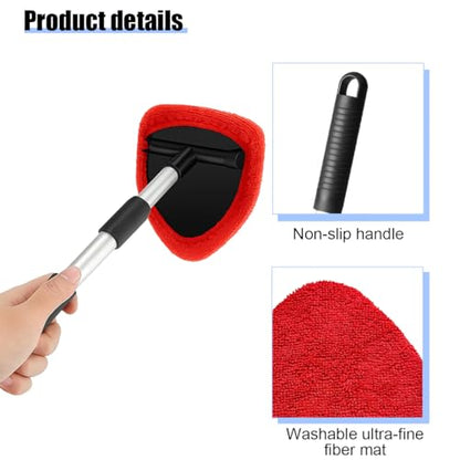 Car Windshield Cleaner Tool, Vehicle Window Detailing Cleaning Kit with Extendable Handle & 4 Washable Microfiber Pad, Auto Glass Wiper Cleaner for Exterior & Interior, Universal Fit (Red) - color: Red