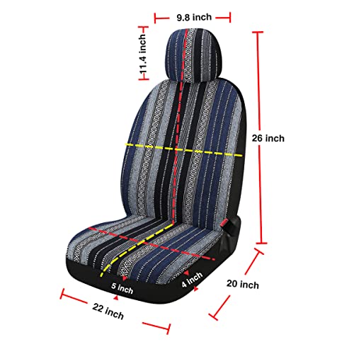Baja Saddle Blanket Car Seat Covers 4PCS Front, Breathable and Washable Striped Woven Automotive Vehicle Universal Seat Cover for Sedan, SUV, Truck, Airbag Compatible - color: Blue Baja, size: Front
