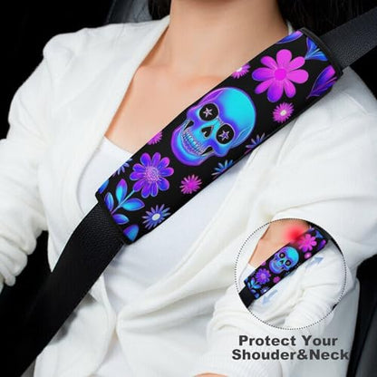 Men's Car Belt Covers 2PCS Fashion Cushion Pad Car Shoulder Strap Harness Pad Neon Purple Flowers Floral Skull - color: Color849