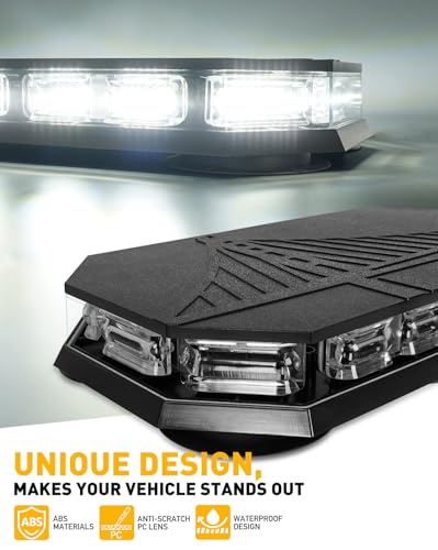 HLauto 406D Rooftop Emergency Strobe Lights Bar, 102 LED White Mini Beacon Safety Flashing Warning Traffic Lights Bar w/Magnetic Base for 12-24V Trucks, Construction Vehicles, Snowplow, Cars - color: White