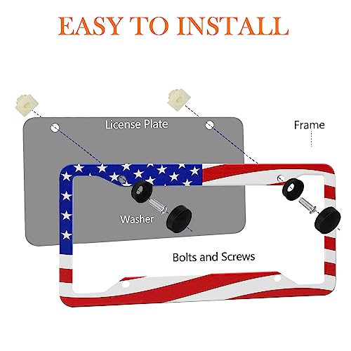 American Flag License Plate Frame Holder - 2 Pack Universal Aluminum US Flag Patriotic Car License Plate Frame with Screws Fasteners Caps, 8 Metal Car Valve Caps and 2 Cup Coaster - color: American flag A