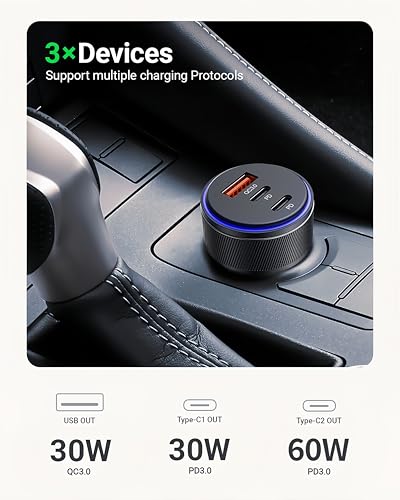 USB C Car Charger,90W 3-Port Dual USB-C & USB-A Car Power Adapter,Includes a Fast Charging Cable for iPhone 16/15/14/13/12/11/Pro Max, iPad, Samsung Galaxy, Google Pixel and Android Devices - size: 2