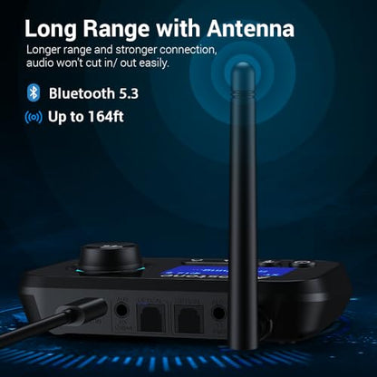 Bluetooth Transmitter Receiver 3-in-1 Bluetooth 5.3 Audio Adapter for 2 Headphones with Bypass Volume Control ON/Off Switch LCD Display 3.5mm Aux/Optical/RCA for Home Stereo TV Speaker PC - color: All Black