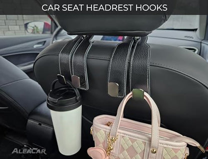 2 Pack Car Seat Back Storage Hooks - Headrest Hooks for Purses and Bags, Leather (Black) - color: Black
