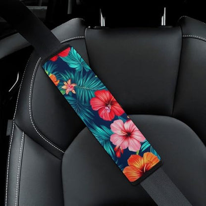 Men's Comfortable Cushion Pad Car Shoulder Strap, Hawaiian Colorful Hibiscus Flowers Tropical Palm Tree Leaves Harness Pad Car Belt Covers - color: Color848