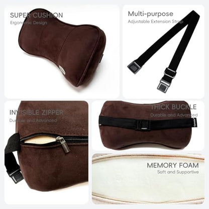 Carwales Car Neck Pillow for Travel Recliner Headrest Cushion Couch Office Chair Memory Foam Lower Back Support Lumbar Pain Relief Ergonomic Design Extension Adjustable Strap Driving Brown 1 Pack - color: Brown