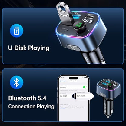 Syncwire Bluetooth 5.3 FM Transmitter Car Adapter 48W(PD 36W & 12W) [Light Switch] [Hi-Fi Deep Bass] [Fast Charging] Wireless Radio Music Adapter LED Display Hands-Free Calling Support USB Drive - color: Dark Blue, style: 48W
