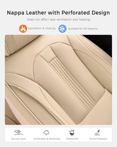 Huidasource Beige Rear Seat Cover, Nappa Leather Back Seat Cover with Ventilation Holes, Velcro Adjustable, Compatible with Seat Belts, Child Safety Seats, Fit for Most Cars SUV Truck, Beige - color: R# Beige, size: Back Seat Cover