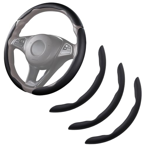 Car Steering Wheel Cover Leather Snap On 3Pcs Set Non-Slip Protector Wrap Steering Wheel Accessories 14.5-15 inch Universal Black - color: Black B